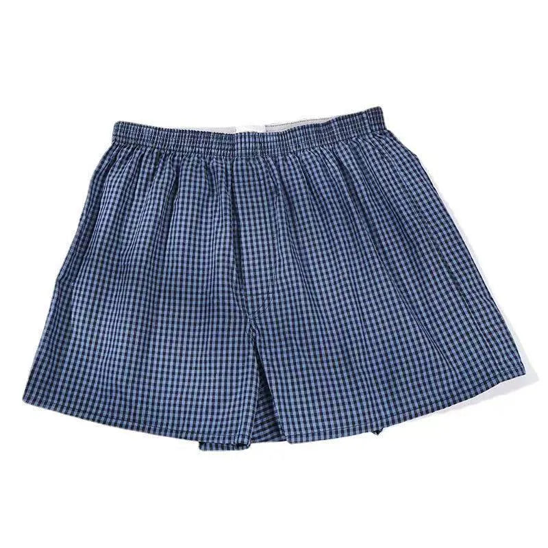 Men's loose cotton boxer shorts in blue, black and white plaid and red plaid, mid waist woven plus size S to XL