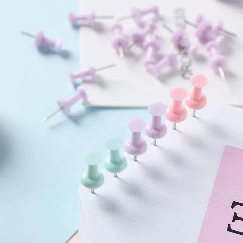 Macaron coloured plastic push pins in cherry blossom pink, mint green and lavender, small and large sizes