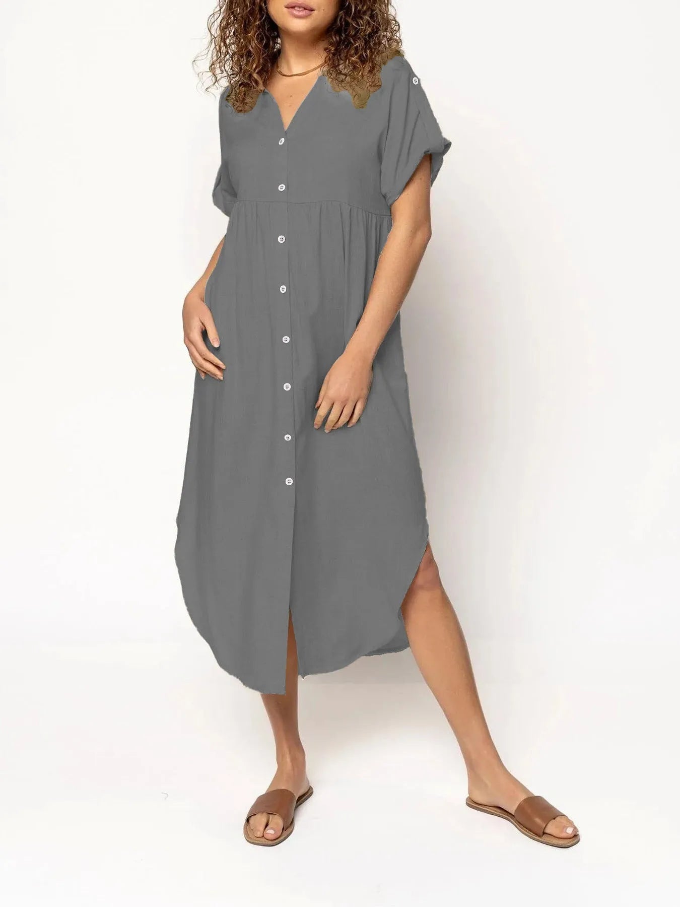 Casual mid-length button-front dress in solid colour with regular sleeves and mid-waist cut