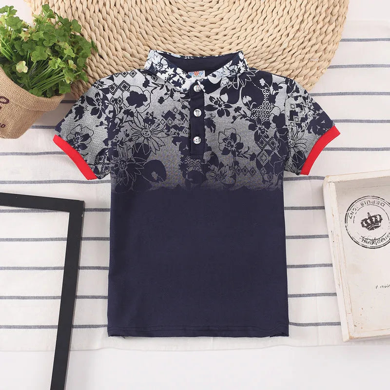 Boy's short sleeve cotton t-shirt in solid colour with lapel collar.
