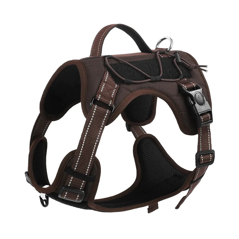 Orange PU dog harness with reflective trim and matching lead with black handle grip.