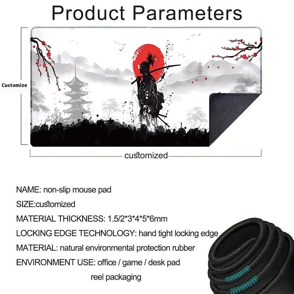 Japanese Samurai design gaming mouse pad on desk with non-slip rubber base