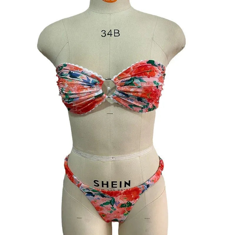 Women's printed floral tube top bikini with lace detailing in blue, pink, yellow or multicolour options