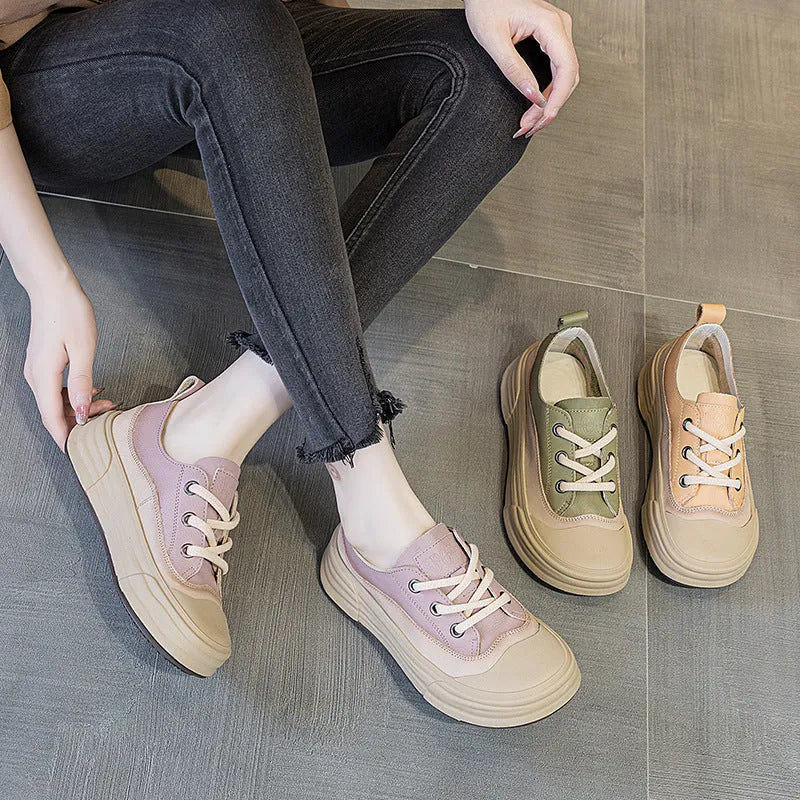 Women's leather casual platform sneakers in matcha green, showing lace-up front and round toe design.