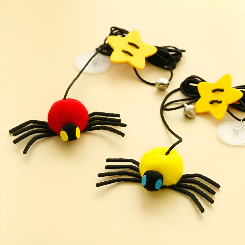 Red and yellow cat hanging door toy with elastic rope, feather playing stick, and bell spider accessory.
