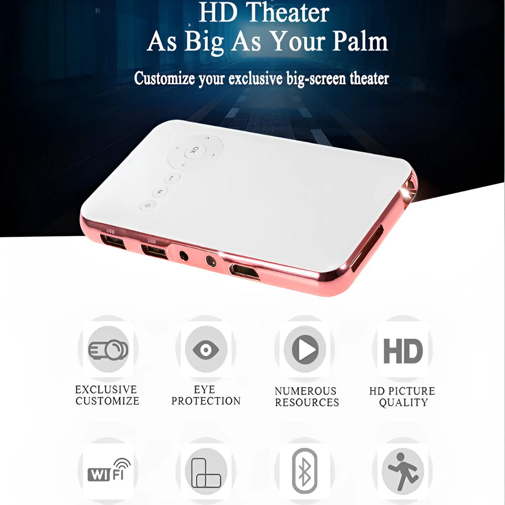 White rose gold miniature DLP Android projector measuring 145x80x17.5mm with 32GB memory