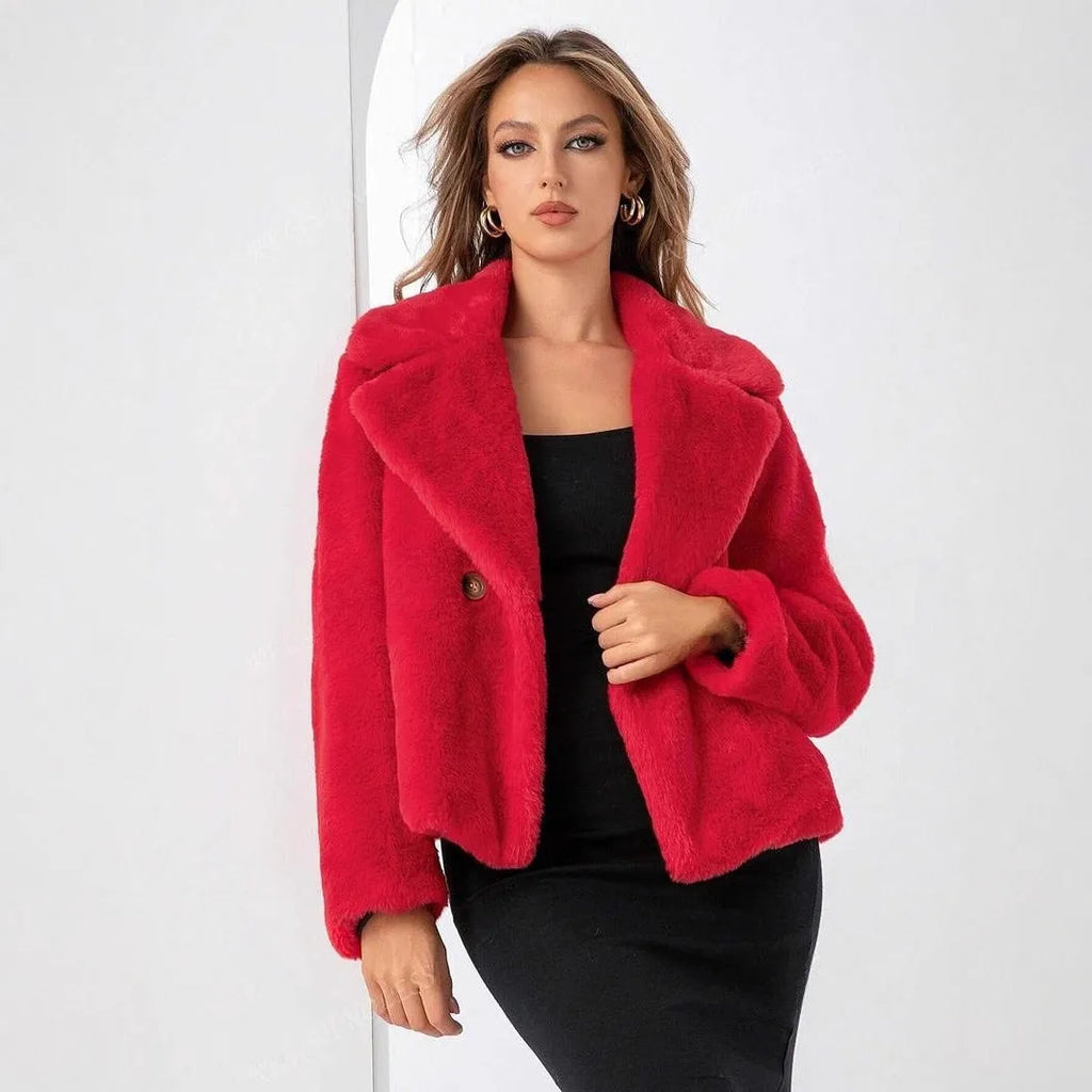 A rose red women's short faux fur coat with a loose fit and regular sleeves on a hanger.