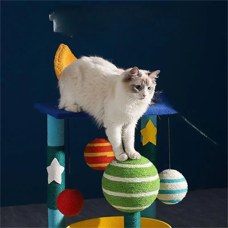 Star-shaped cat climbing frame in teddy velvet and sisal with nest and toy, cartoon style, medium and large sizes